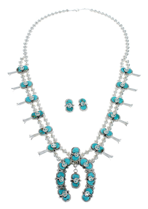 Effie Calavaza Zuni Turquoise Snake Squash Blossom Necklace Set SN20284